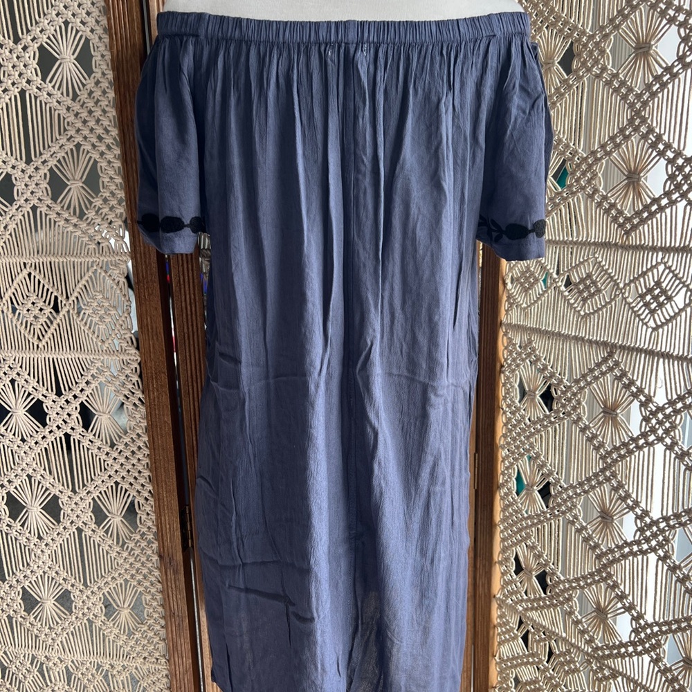 Dark Blue and Black Off the Shoulder Embroidered Tunic Mini Dress - Picture 5 of 8